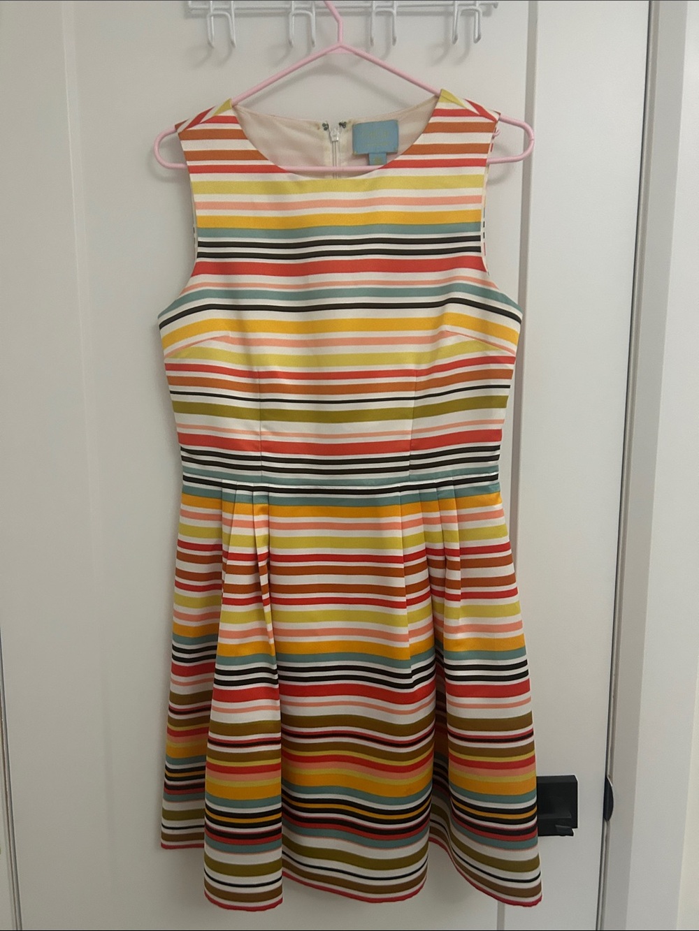 CeCe Yellow Pink Green Striped Sleeveless Fit-and-Flare Dress